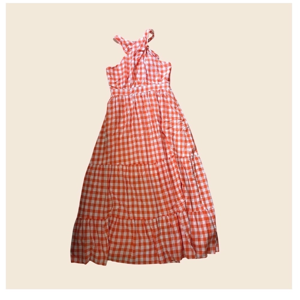 NWT Entro Gingham Maxi Dress Sundress M Orange  Farmcore Milkmaid Tiered - Picture 5 of 10